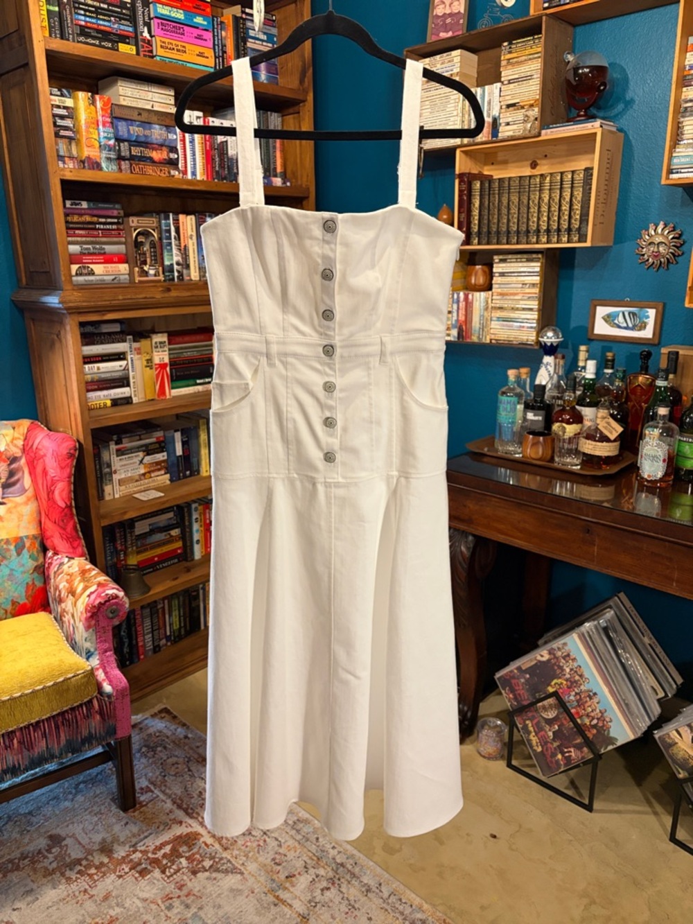 cinq a sept Veena White Button-Front Denim Midi Dress with Straps